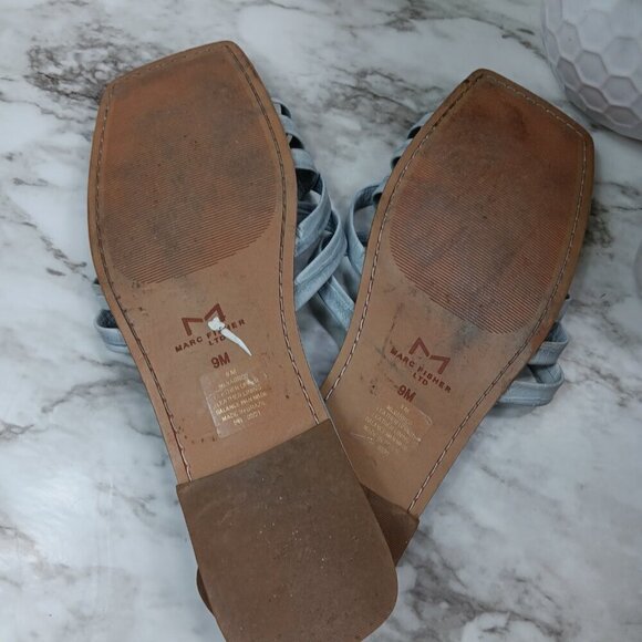 Marc Fisher Women MARC FISHER VARRO Women Leather Strappy Slide Square Toe Light Blue Sandals Sz.9